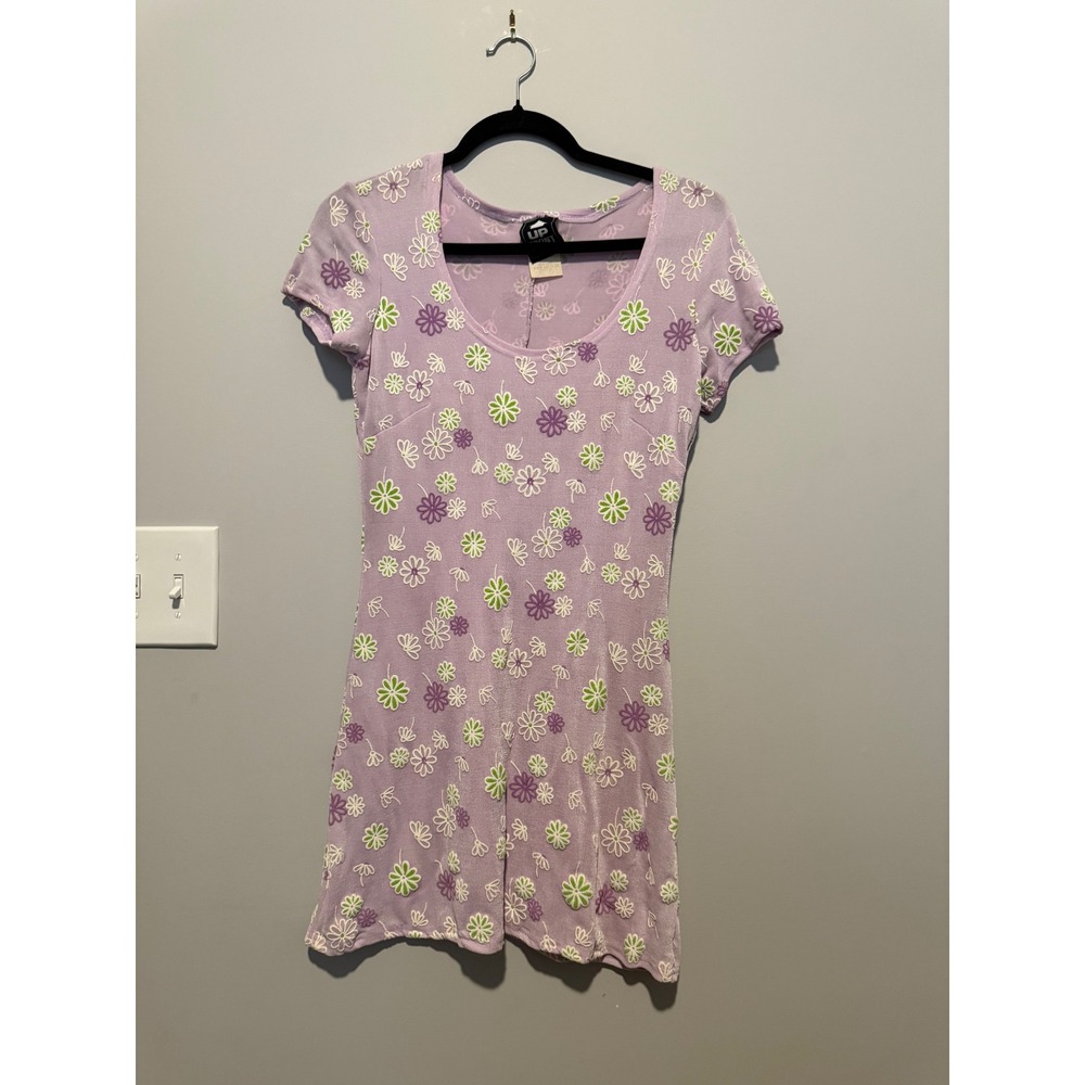 Vintage 90s Up Front Floral Mini Dress Lavender Purple Daisy Y2K Small USA Made